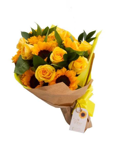 Buquê de Rosas Amarelas e Girassol